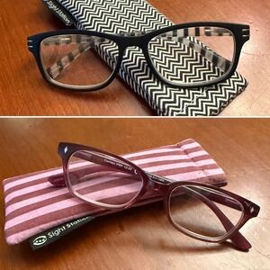Two pair reading glasses +2.50 Sight Station red & black stripe w cases unisex